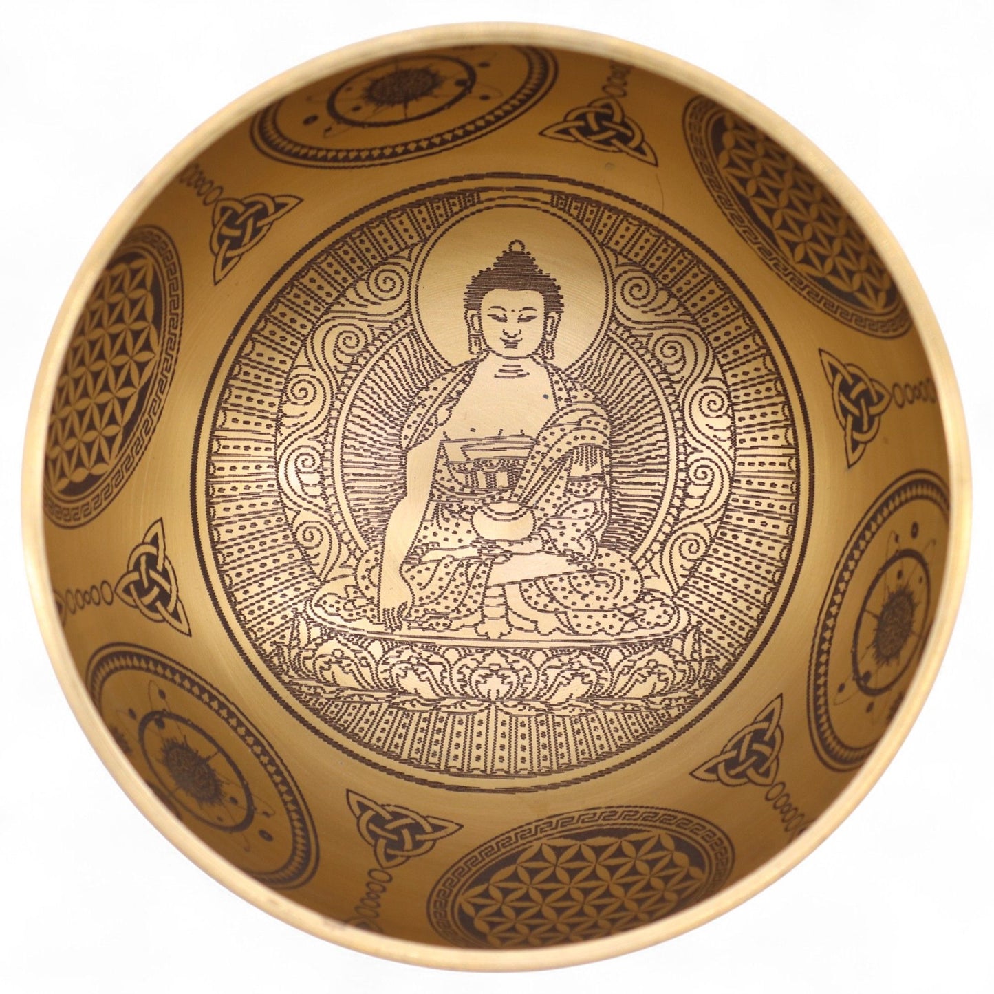 Set mit vier handgravierten Buddha-Klangschalen aus Messing