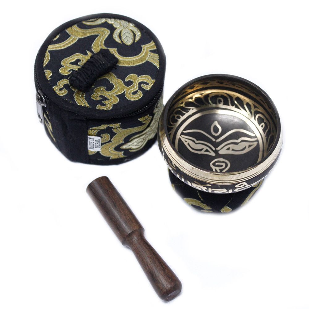 Klangschalen-Set in Schwarz mit Samtbeutel – Handgefertigte Meditationsschale aus Messing