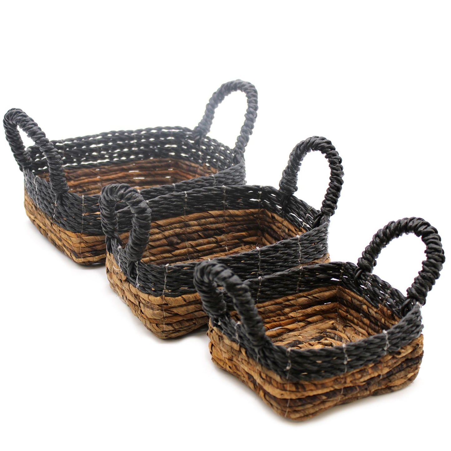 Set mit 3 quadratischen Körben aus Bananenblatt und Raffia – handgeflochten