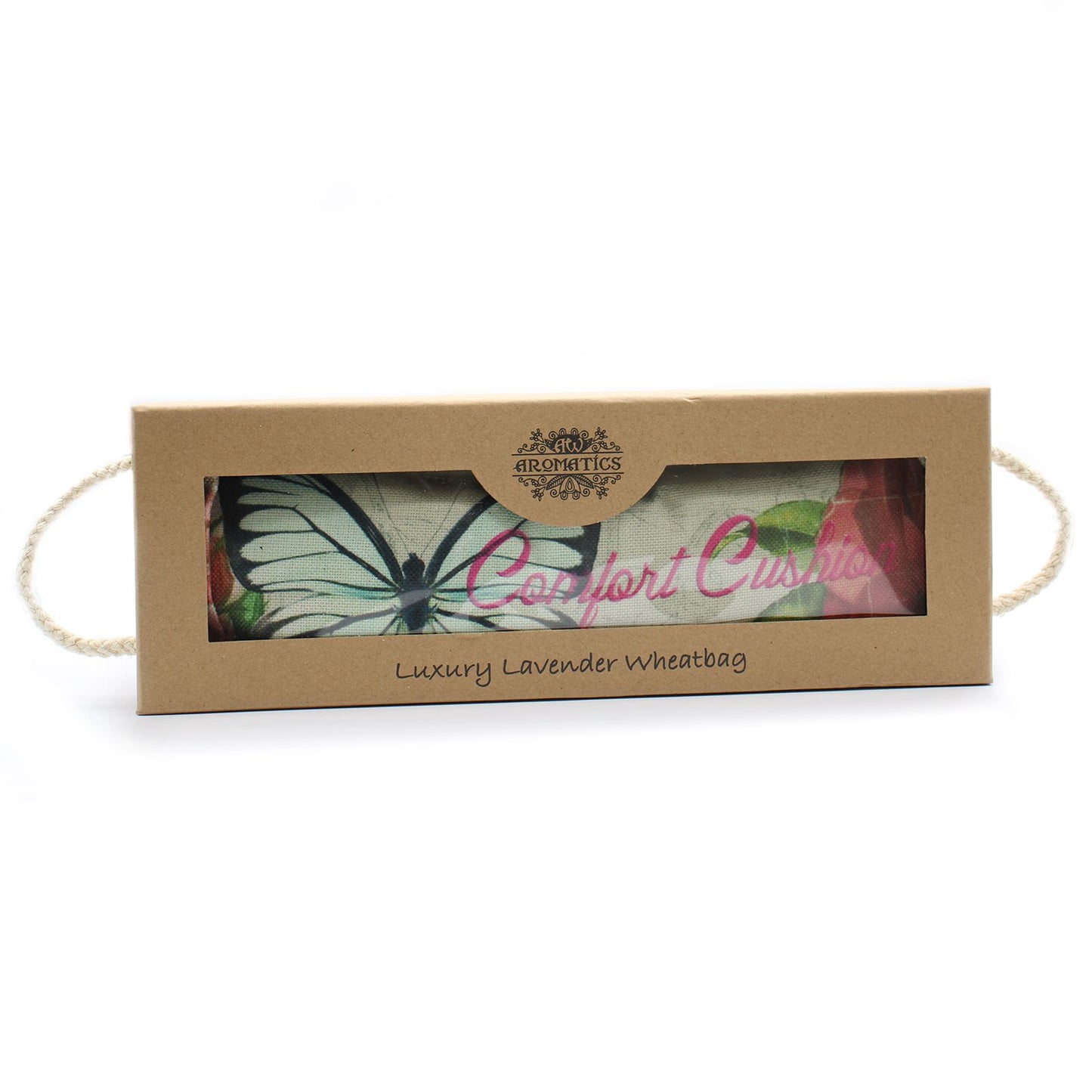 Premium Weizenkissen mit Lavendel in Geschenkbox – Motiv Schmetterling & Rosen
