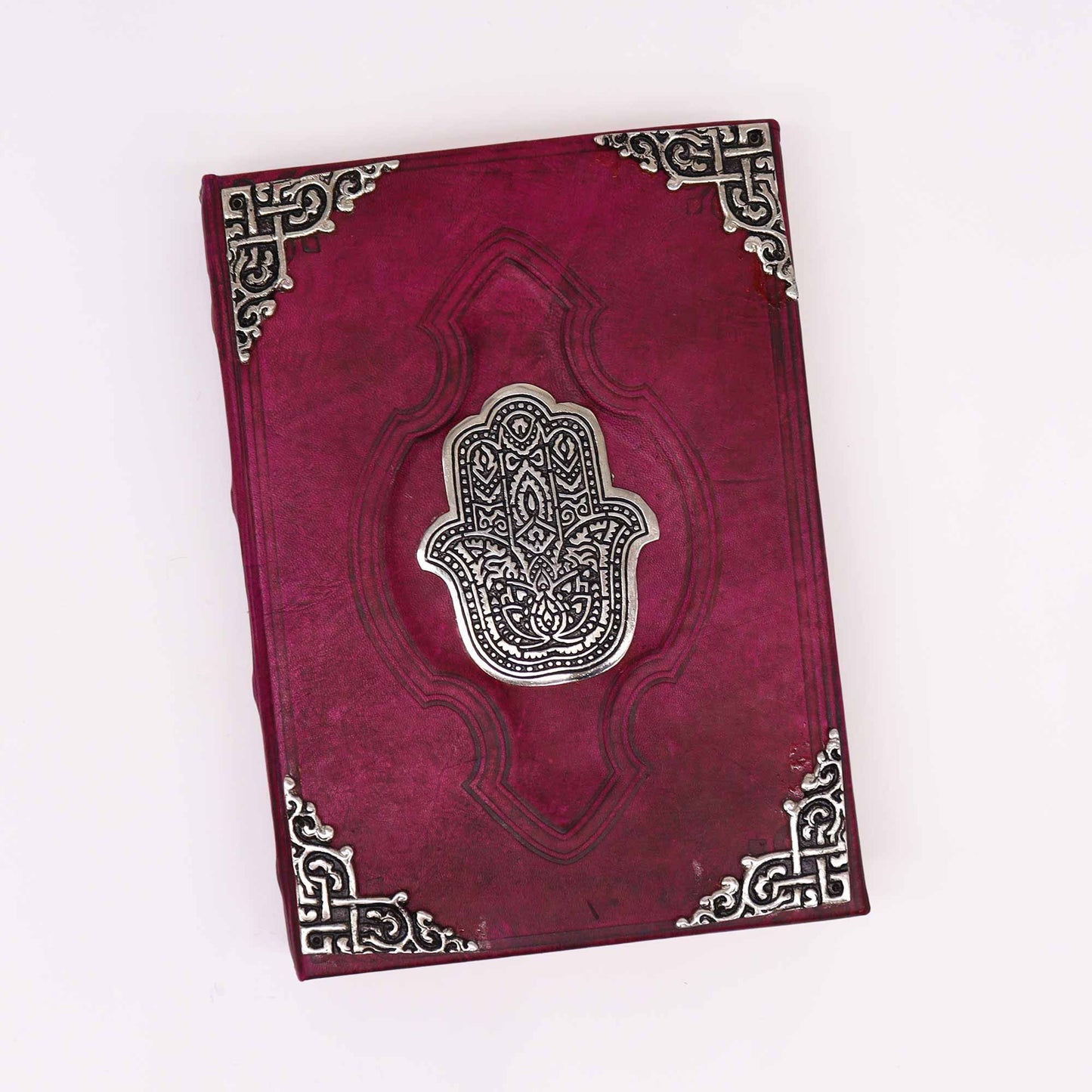 Notizbuch aus Leder in Karmesinrot mit Hamsa-Motiv – 200 Seiten mit Deckle Edge