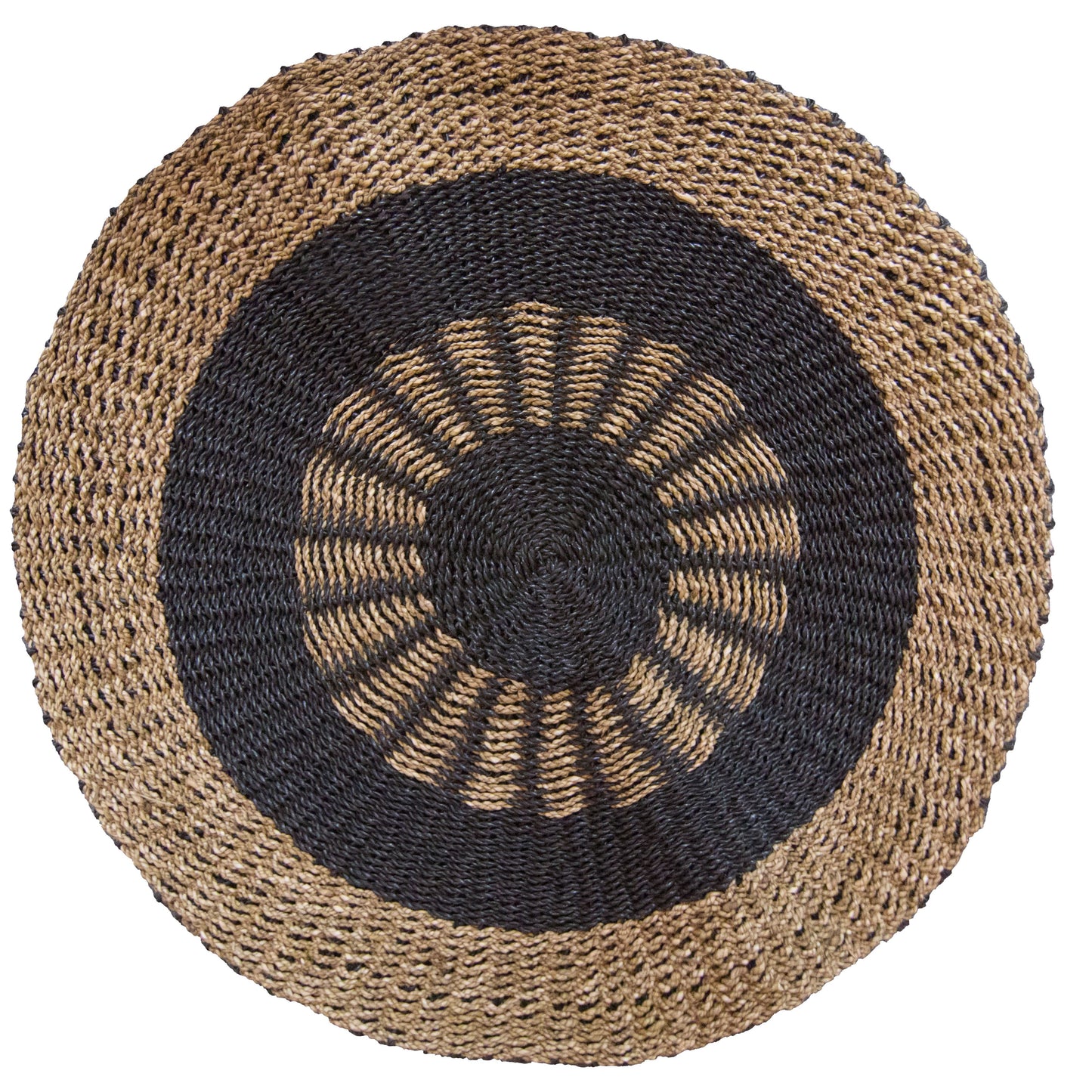 Runder Seegras-Teppich in Schwarz-Beige, 100 cm – Handgewebtes Naturprodukt