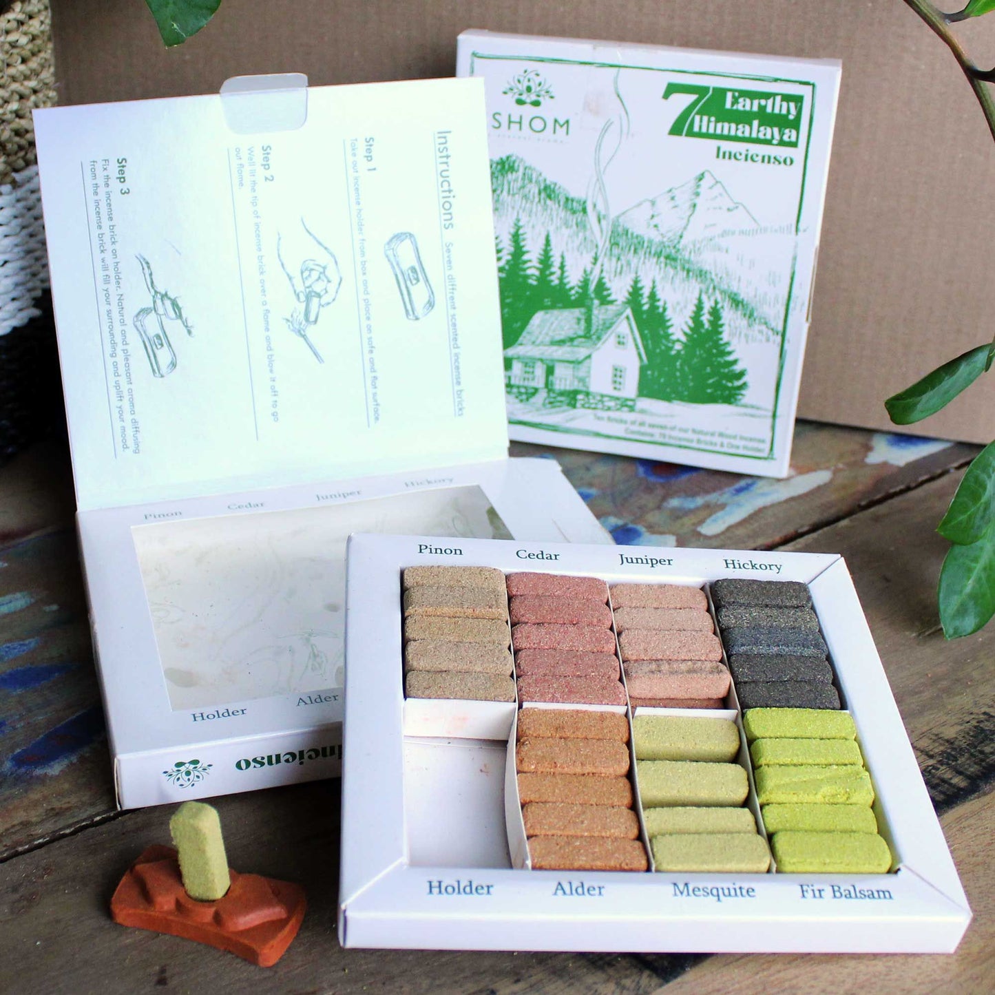 Räucherstein-Set Himalaya – 7 erdige Düfte mit Terrakotta-Brenner (70 Stück)