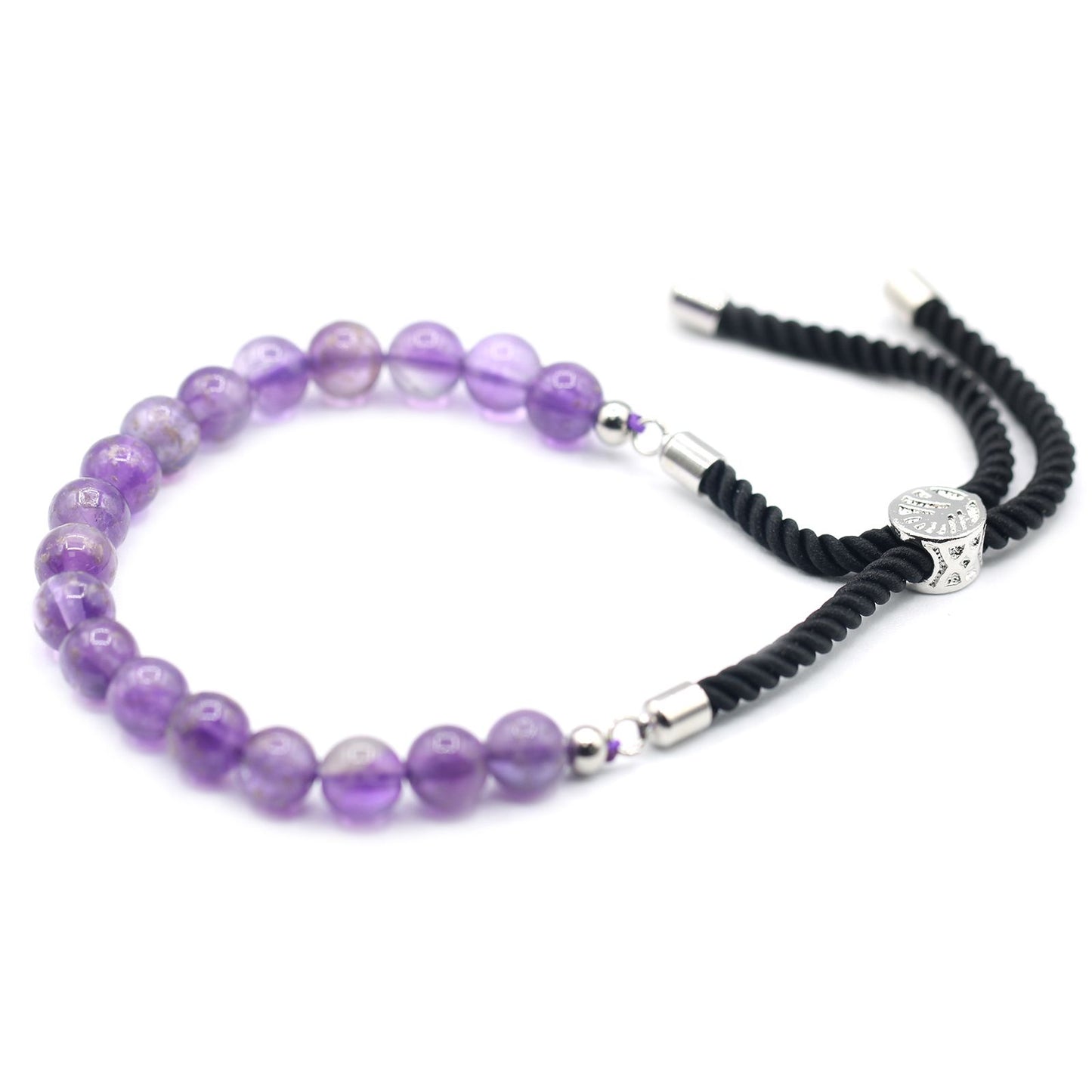 Amethyst Armband aus schwarzer Schnur mit verstellbarem Silberverschluss