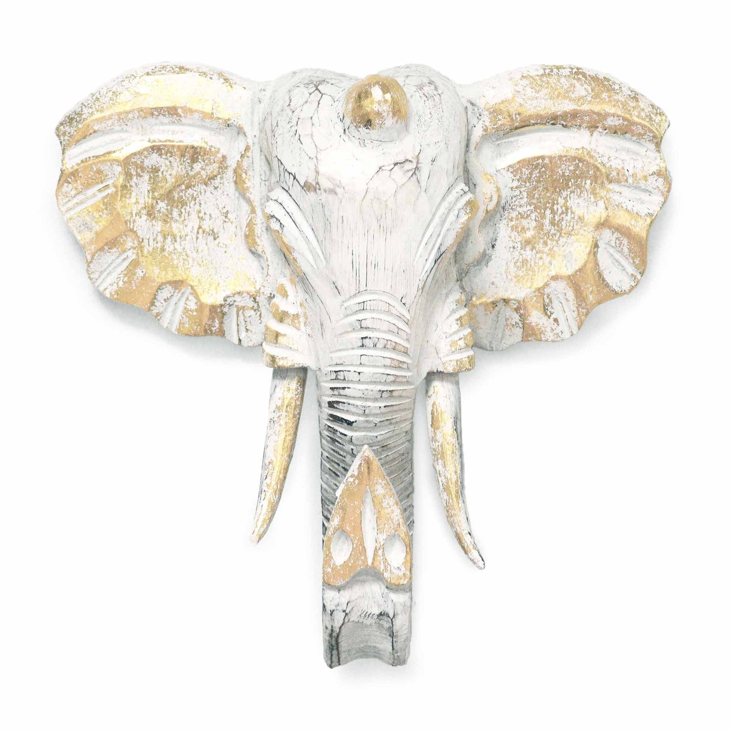 Großer Elefantenkopf in Gold und Weiß - Handgeschnitzte Holzskulptur für die Wand