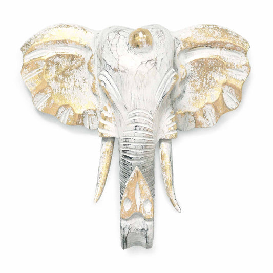 Großer Elefantenkopf in Gold und Weiß - Handgeschnitzte Holzskulptur für die Wand