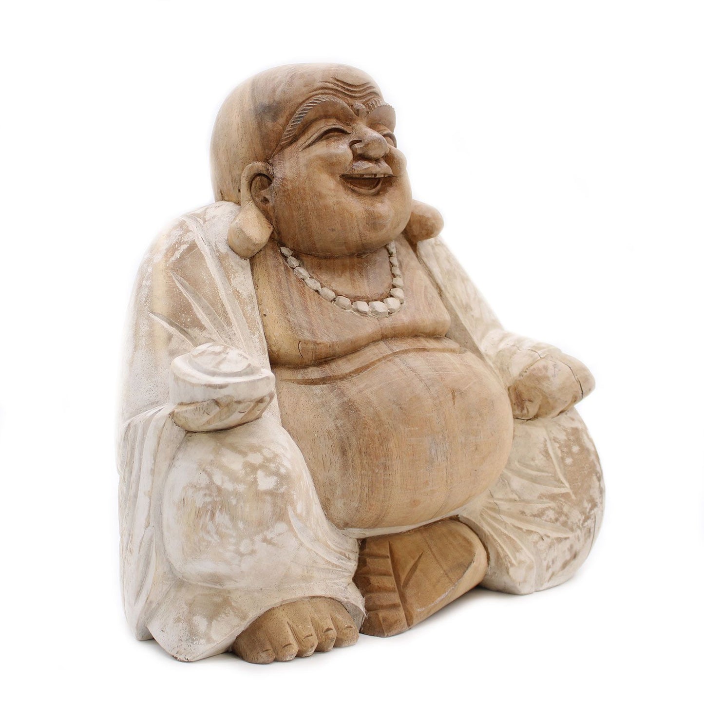 Handgeschnitzte Buddha-Statue aus Suarholz - Weiß gewaschen, 30 cm