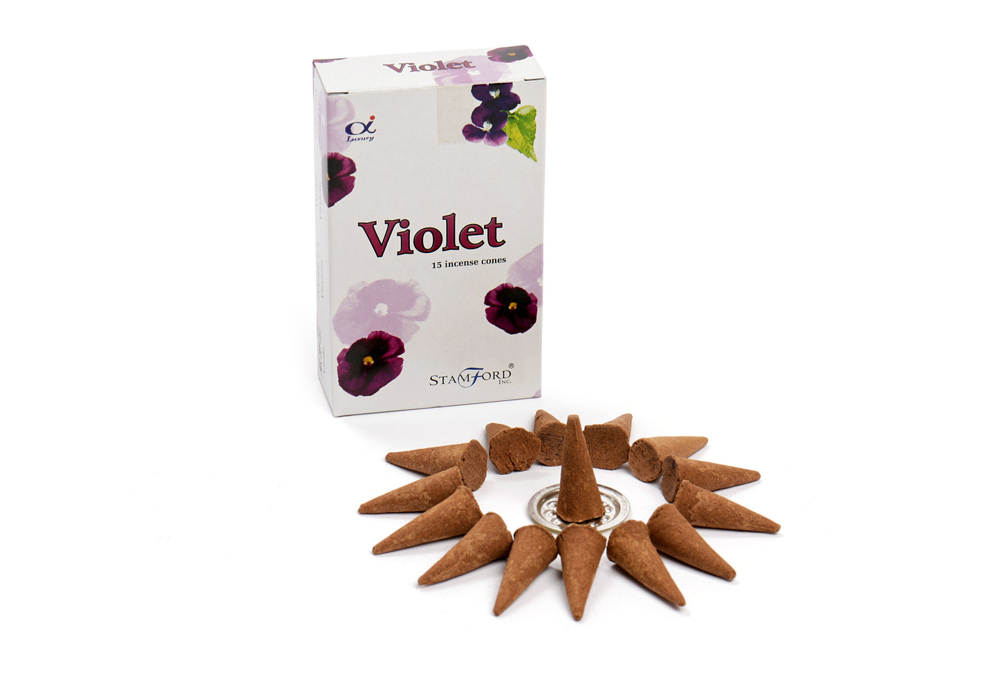 Räucherkegel-Set 'Violette Aura' mit Metallhalter – 15 Stück
