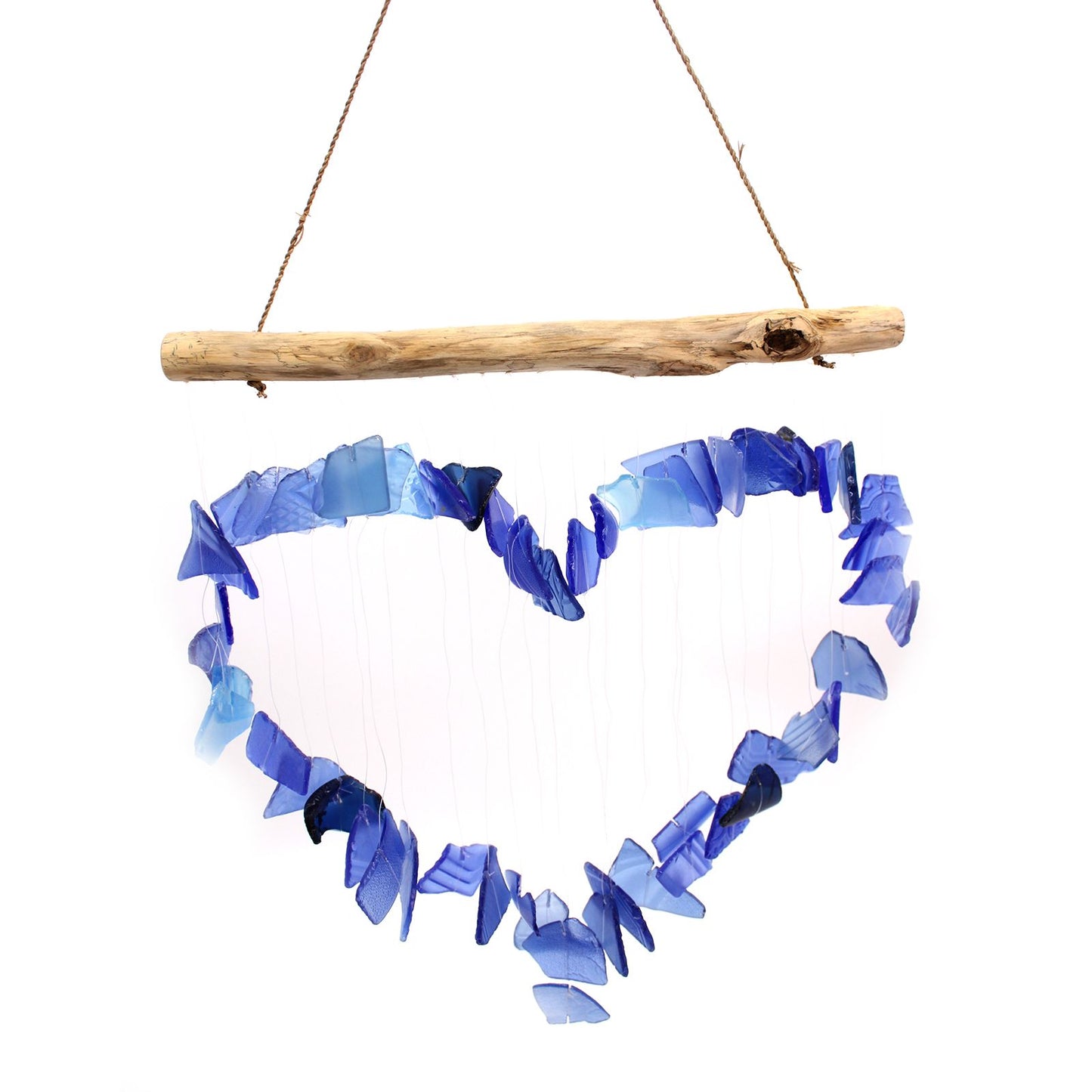 Windspiel 'Love Chime' in Blau - Handgefertigt aus Recyclingglas & Treibholz