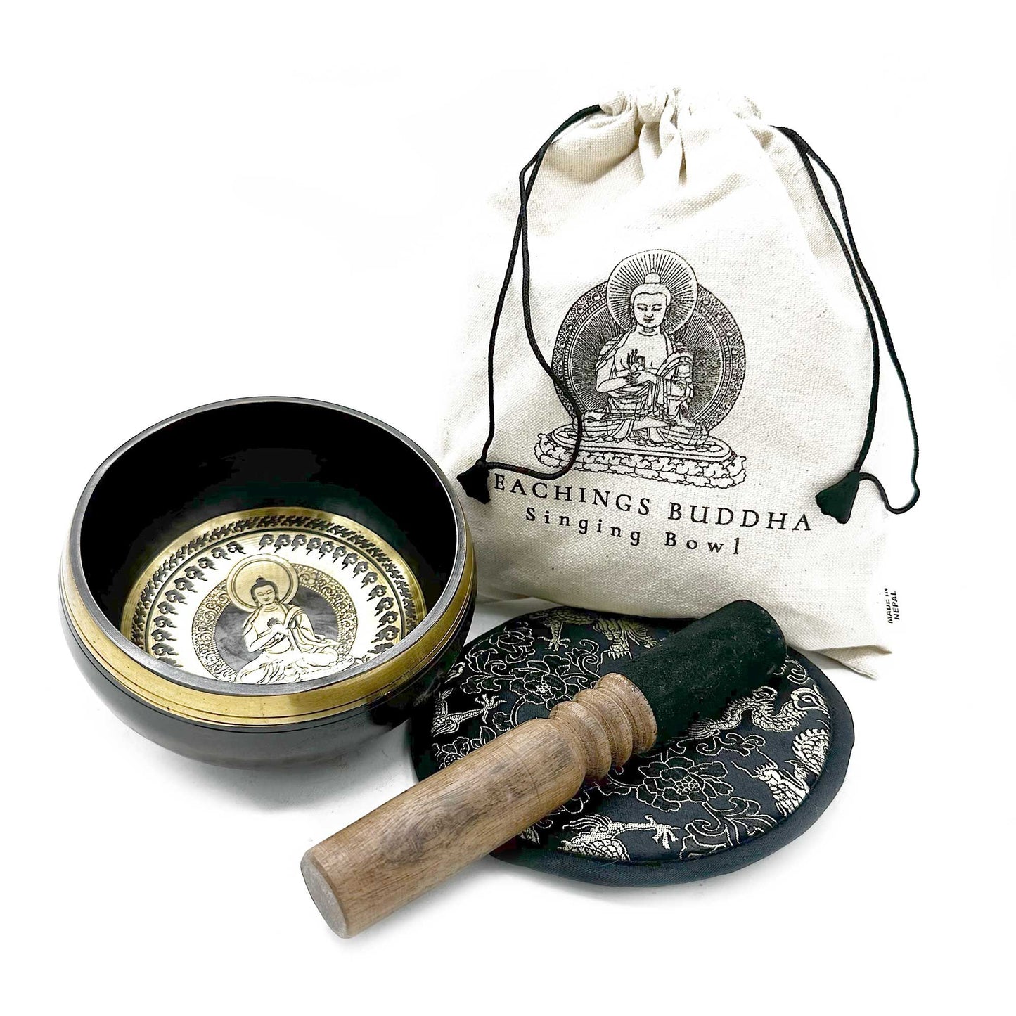 Klangschalen-Set 'Buddha-Lehren' – 14 cm Messing, handgehämmert mit Zubehör