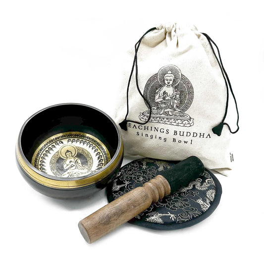 Klangschalen-Set 'Buddha-Lehren' – 14 cm Messing, handgehämmert mit Zubehör