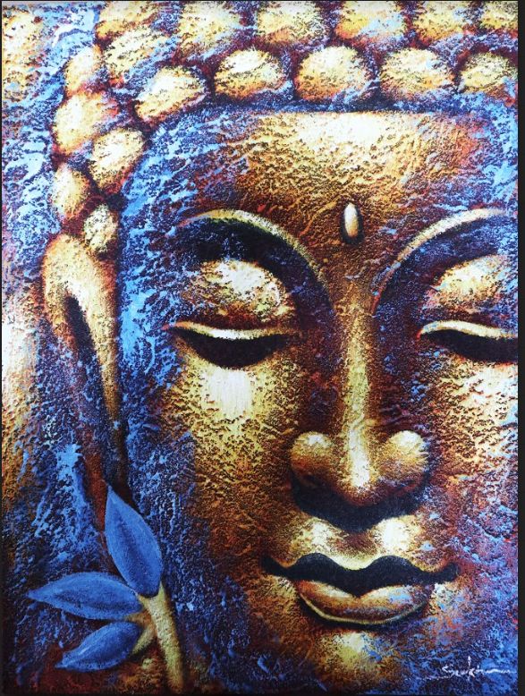 Handgemaltes Buddha-Gemälde auf Leinwand 60x80 cm - Goldener Buddha mit Lotusblüte