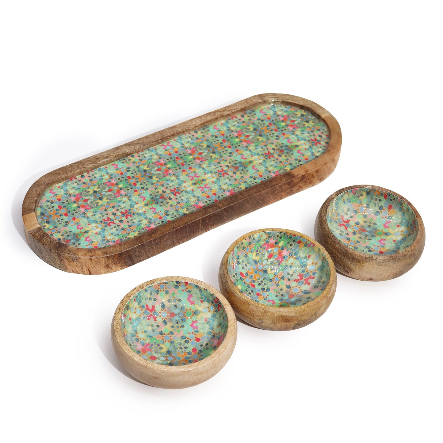 Tablett-Set mit 3 Schalen aus Mangoholz - Mediterranes Emaille-Fliesenmuster