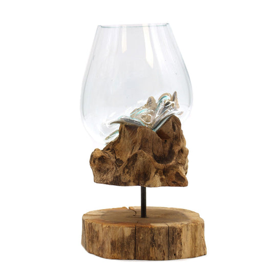 Große Glas-Holz-Schale auf Ständer - Handgefertigtes Unikat aus Bali