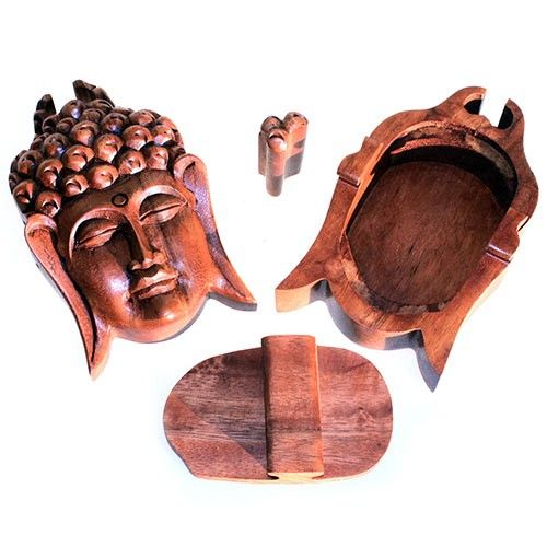 Buddha-Kopf Rätselbox aus Saman-Holz - Handgefertigtes Geheimfach