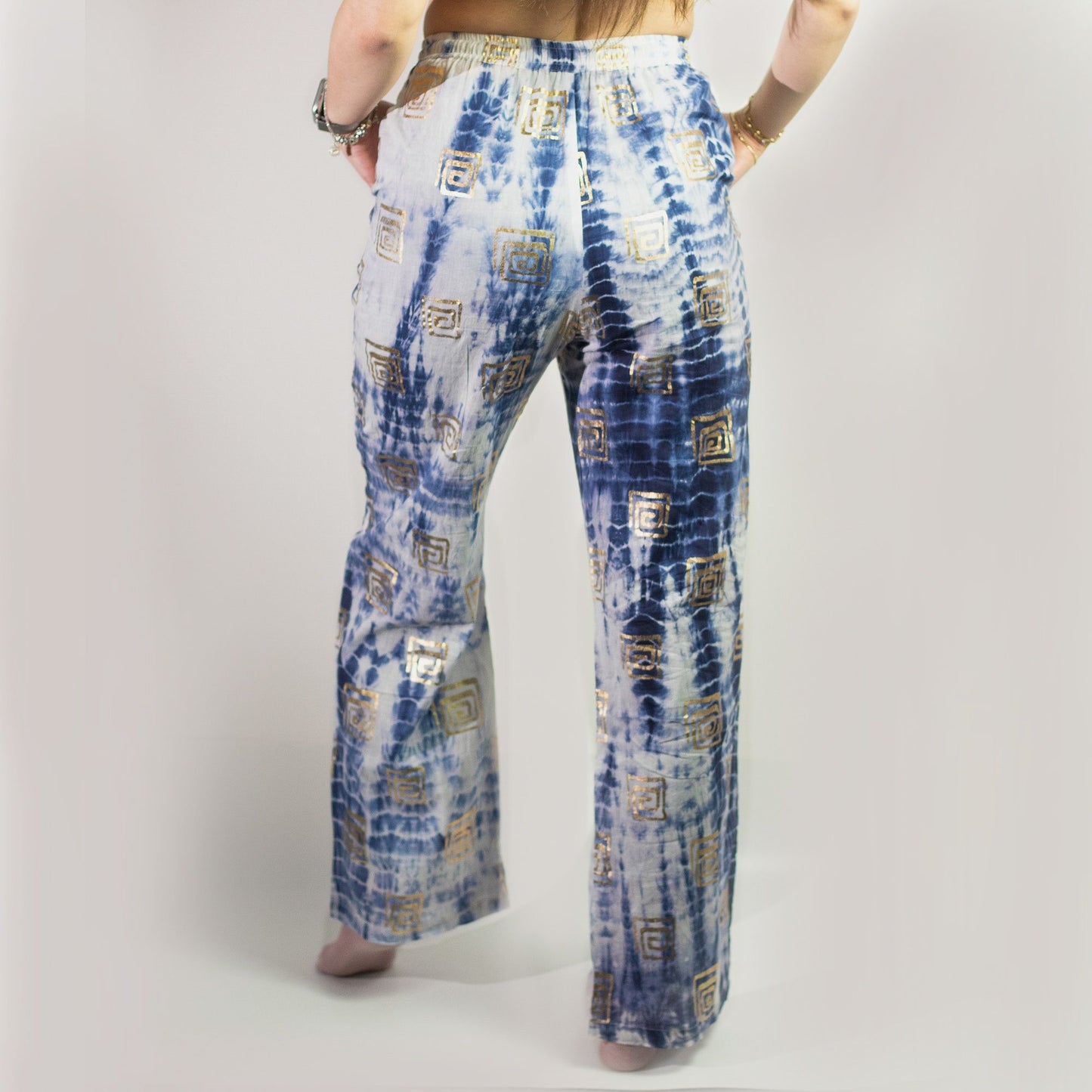 Mediterrane Loungehose - Handbemaltes Unikat in Gold und Blau
