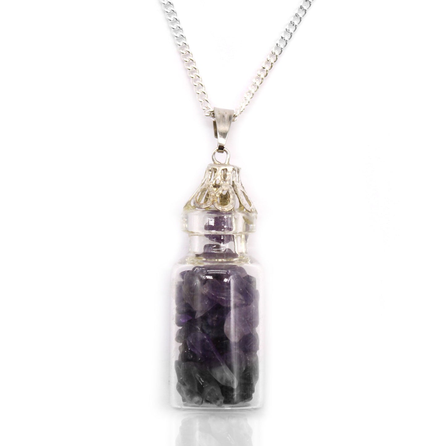 Amethyst Flaschenanhänger Kette - Versilbert mit Naturstein
