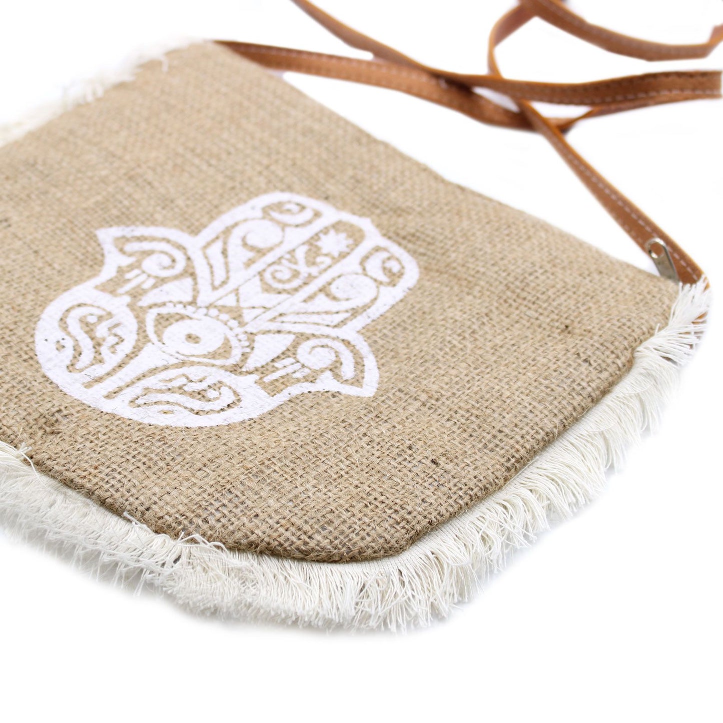Jute-Tasche 'Hamsa' mit Fransen – Handgesticktes Unikat