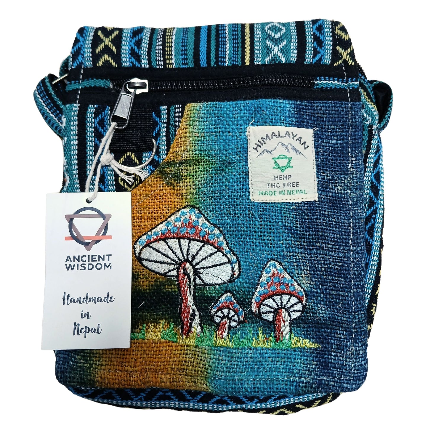 Hanf-Baumwolle Tasche mit Pilz-Stickerei – Handgefertigte Schultertasche aus Nepal