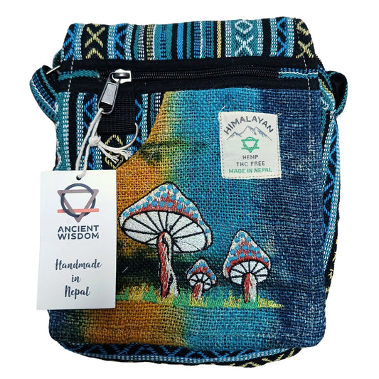 Hanf-Baumwolle Tasche mit Pilz-Stickerei – Handgefertigte Schultertasche aus Nepal