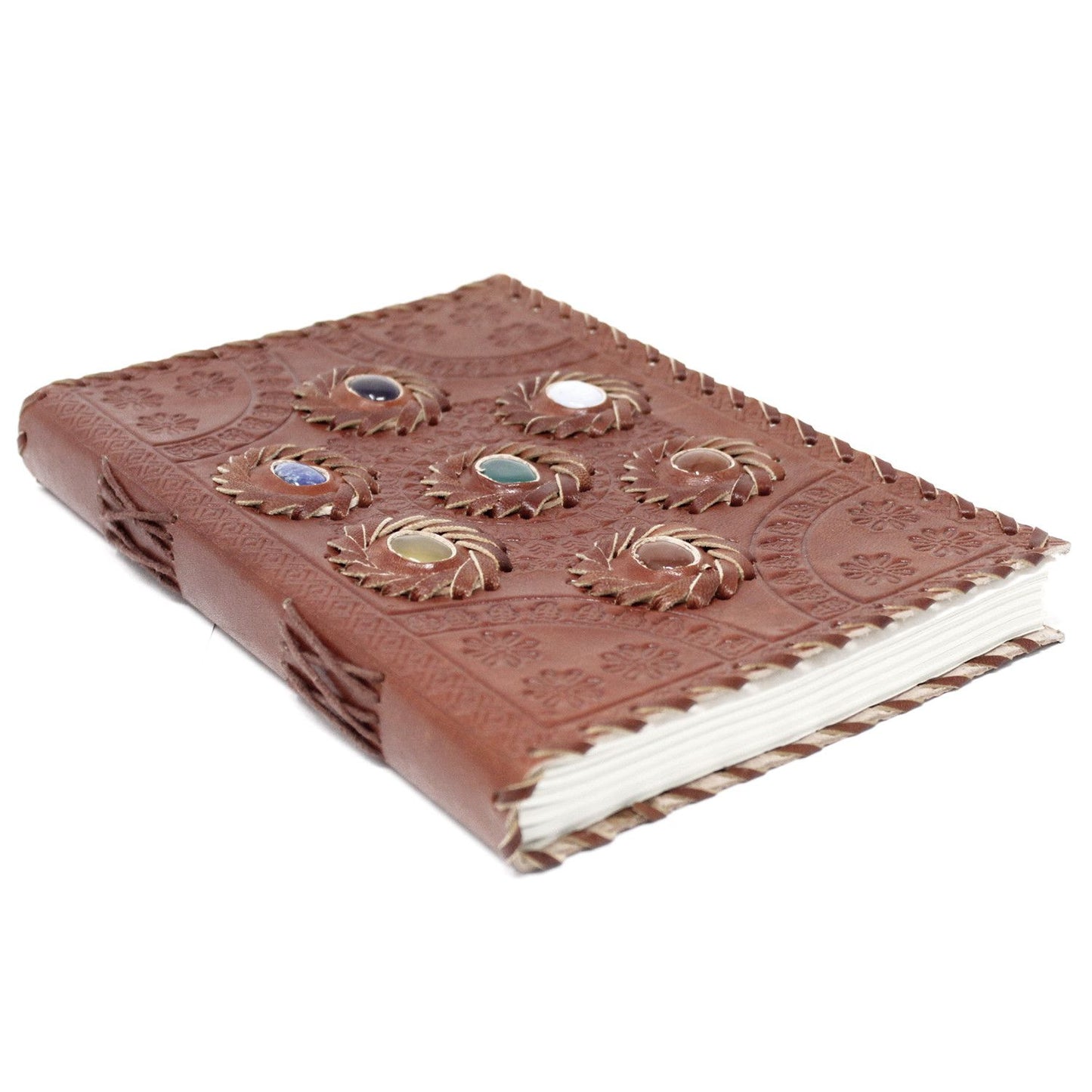 Notizbuch aus Vollrindleder mit Chakra-Steinen (22,5 x 15 cm)