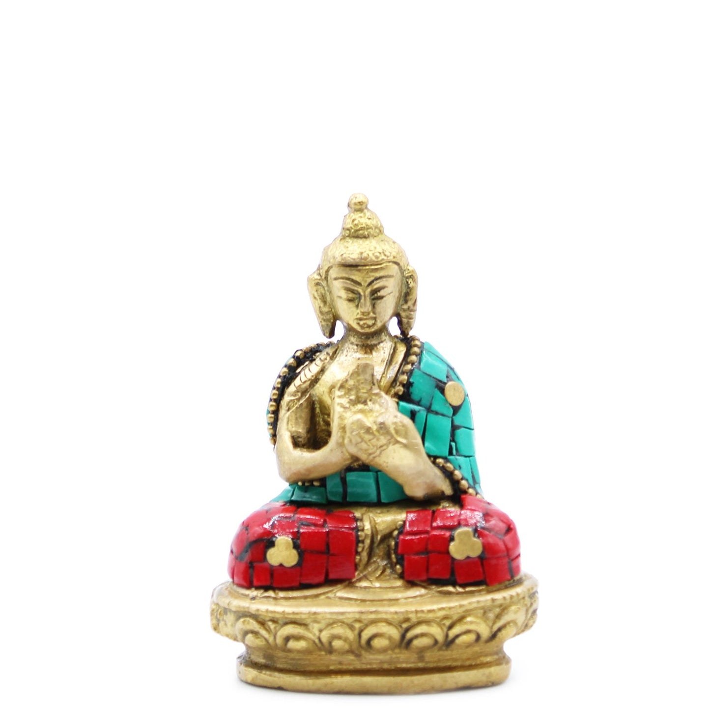 Handgefertigte Messing-Buddha-Figur 'Segensgeste' mit Howlit-Einlagen – 7,5 cm