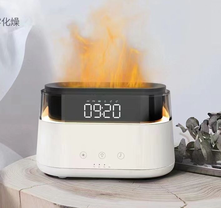 Aroma Diffusor mit Flammeneffekt & LED-Uhr – 3-in-1 Wellness für Zuhause