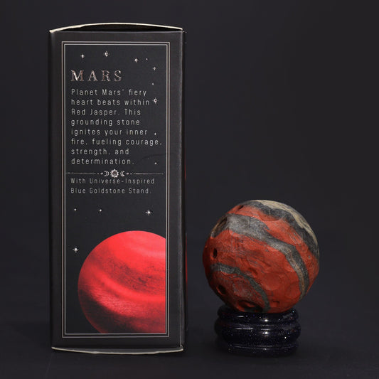 Mars-Planet aus Rotjaspis 40mm - Edelsteinkugel auf Goldfluss-Sockel