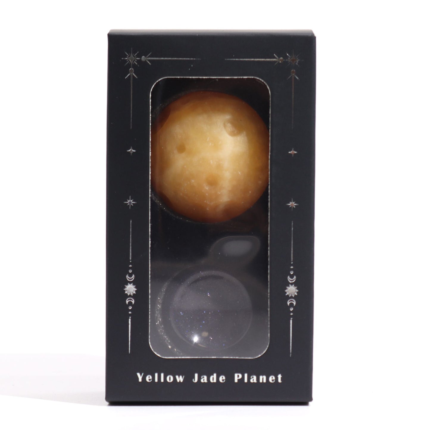Saturn Edelsteinkugel aus Gelbem Jade – 40mm auf Goldfluss-Sockel