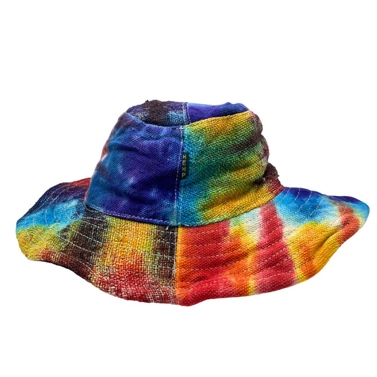 Boho Festivalhut mit Drahtkrempe – Einzigartiges Tie-Dye Patchwork aus Hanf und Baumwolle