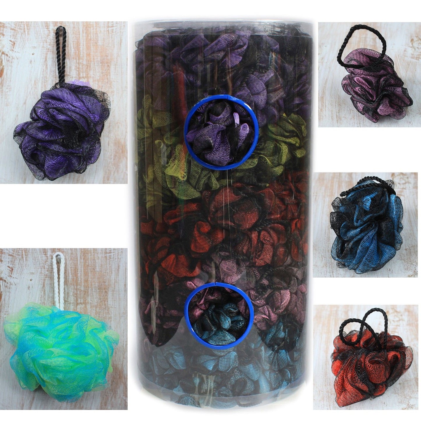 Duschschwamm-Set Pariser Luxus – 5 farbenfrohe Scrunchies im Designrohr