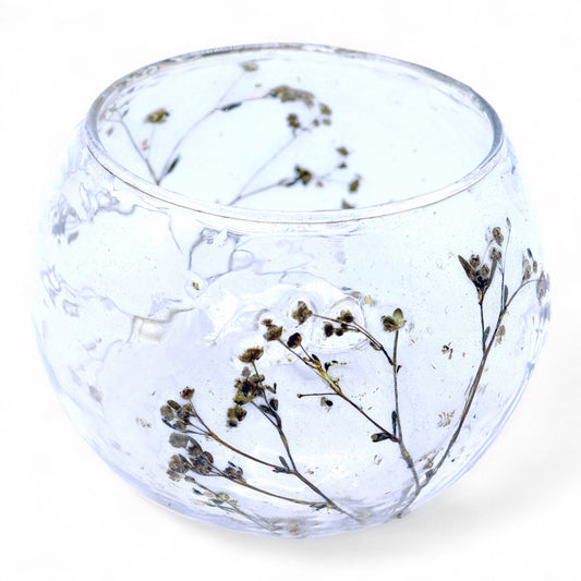 Glasschale mit echten Blüten – Handgefertigter Kerzenhalter aus recyceltem Glas