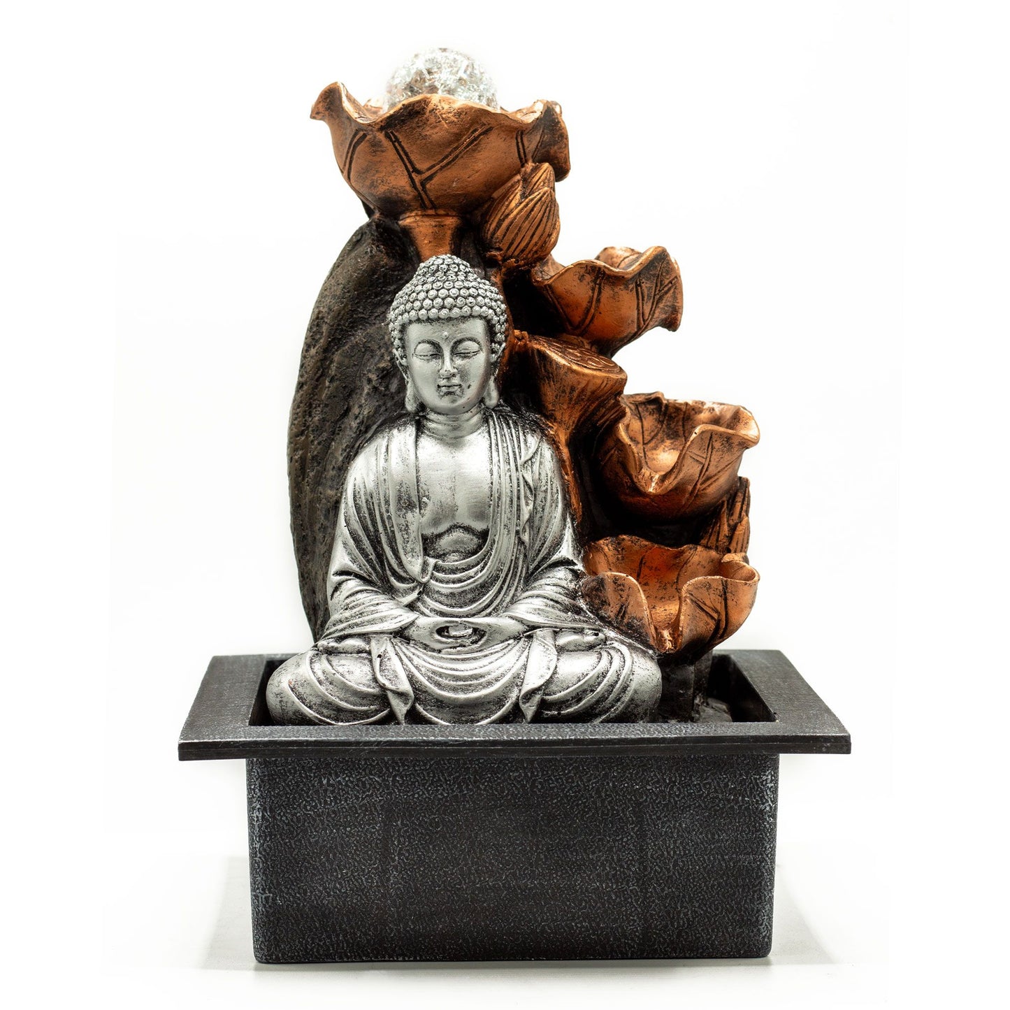 Buddha Tischbrunnen mit Kristallkugel – 35 cm Zen-Wasserfall aus Polyresin