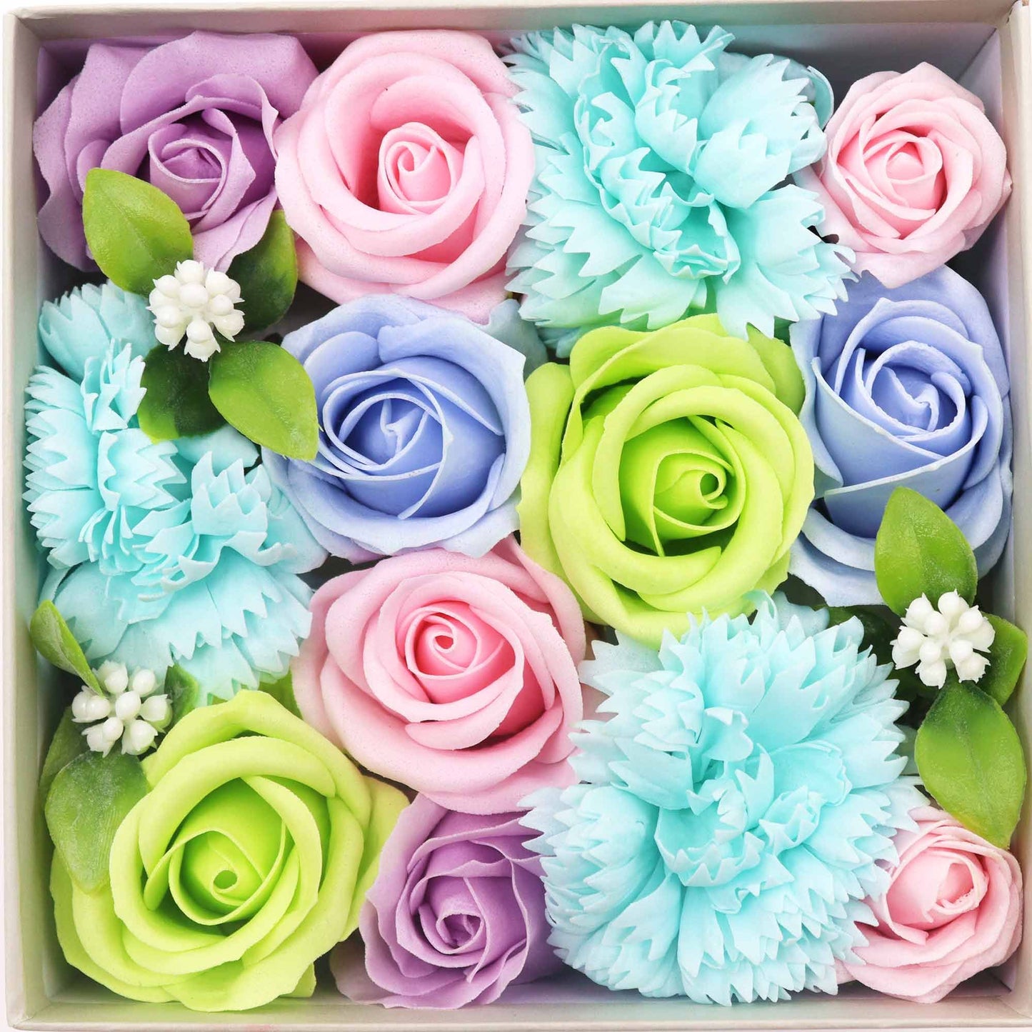 Quadratische Geschenkbox 'Babysegen' in Blau – Mit filigranen Seifenblumen