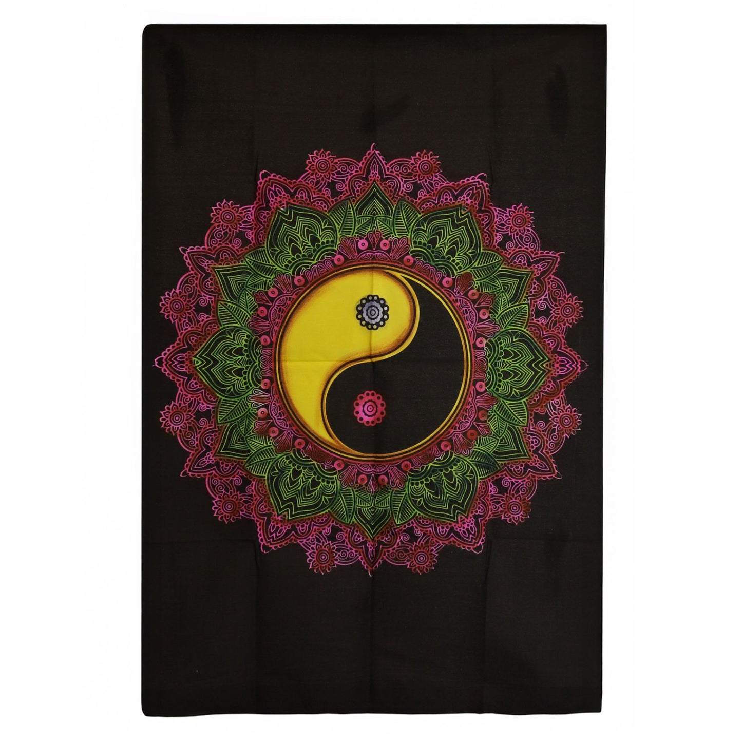 Wandbehang 'Harmonie Mandala' – Yin & Yang Design in Rosa & Grün auf Schwarz