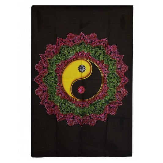 Wandbehang 'Harmonie Mandala' – Yin & Yang Design in Rosa & Grün auf Schwarz