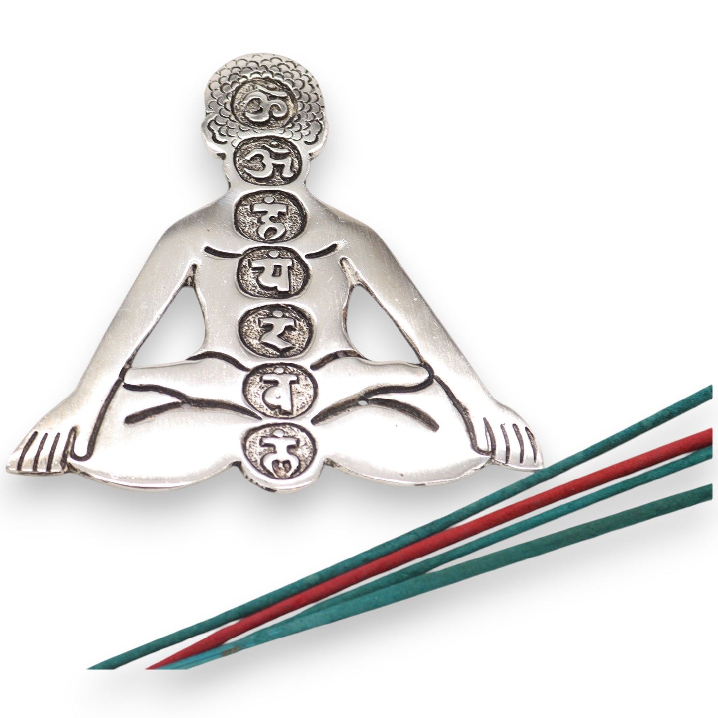 Räucherstäbchenhalter aus poliertem Aluminium mit Sieben-Chakra-Motiv – 12x12 cm, Gold