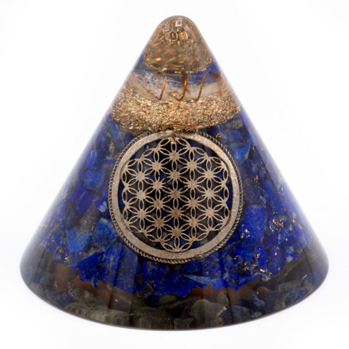 Orgonit Kegel mit Lapislazuli & schwebendem Quarz – Blume des Lebens, 9 cm