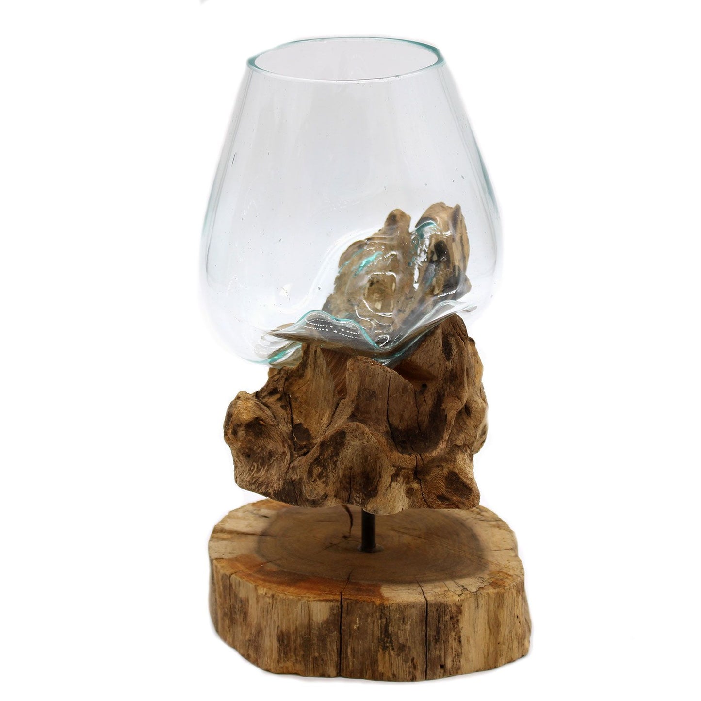 Große Glas-Holz-Schale auf Ständer - Handgefertigtes Unikat aus Bali