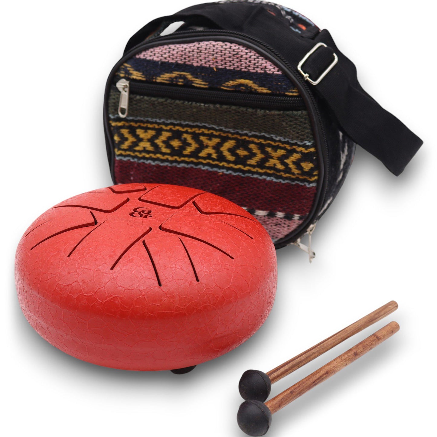 Steel Tongue Drum 'Happy Drums' im roten Om-Design – 16 cm mit Holzschlägeln & Tasche