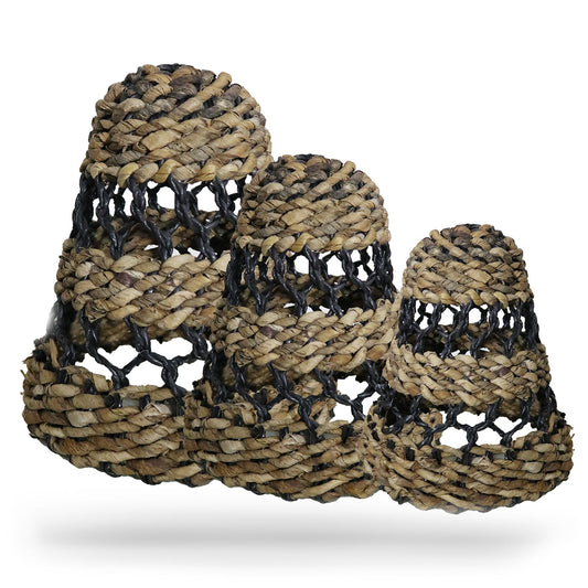 Set aus 3 Lampenschirmen - Natürliche Bananenblätter & schwarze Raffia