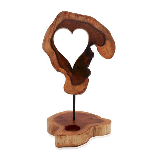 Handgefertigter Kerzenständer in Herzform aus Holz und Metall