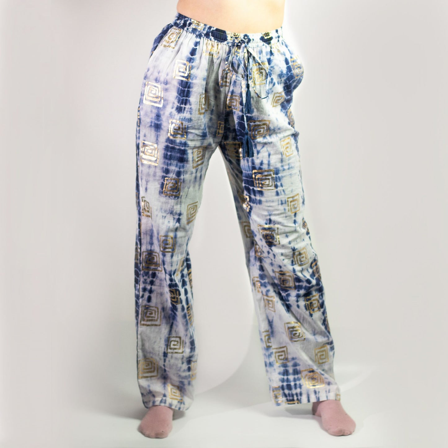 Mediterrane Loungehose - Handbemaltes Unikat in Gold und Blau
