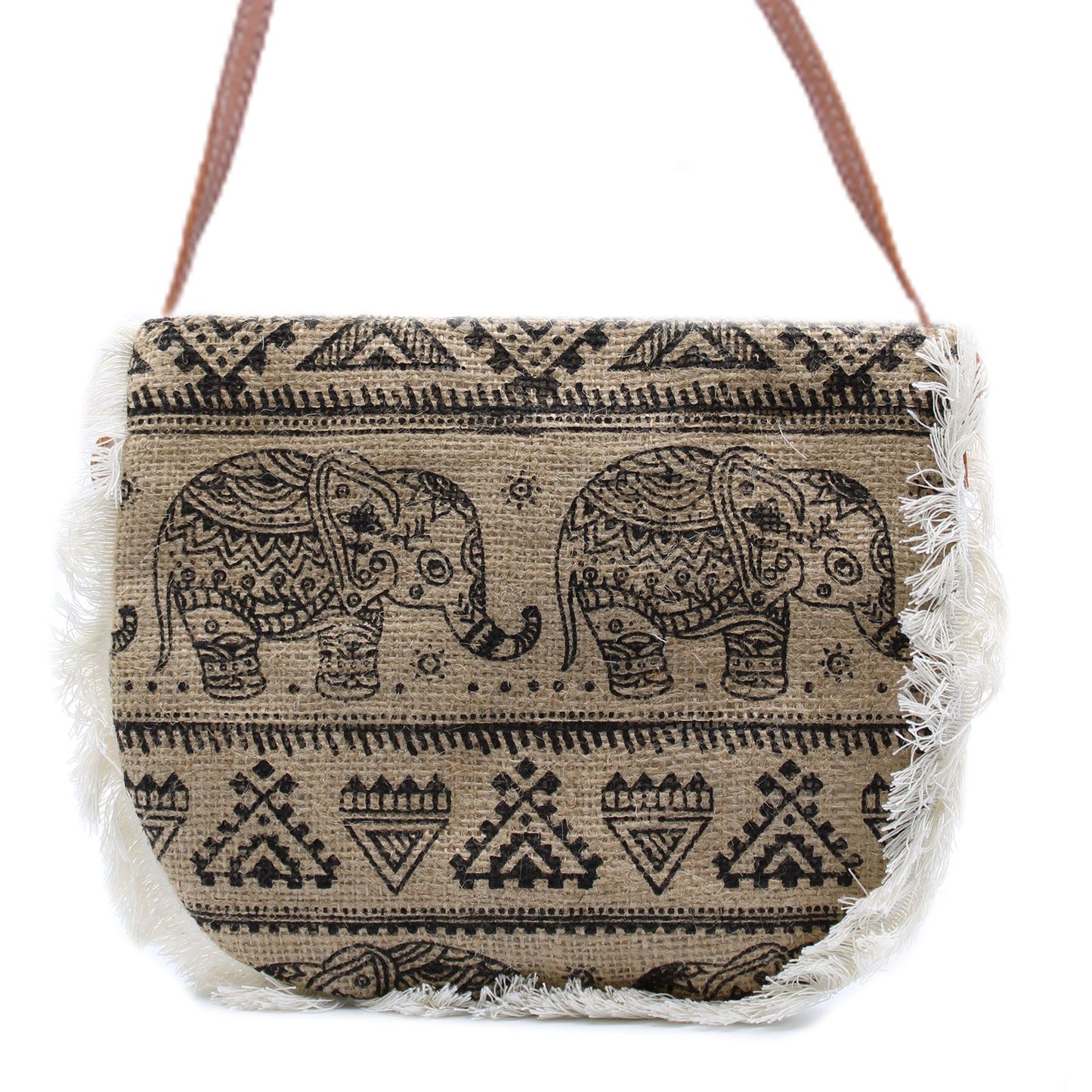 Jute-Fransentasche mit handgesticktem Elefanten-Motiv