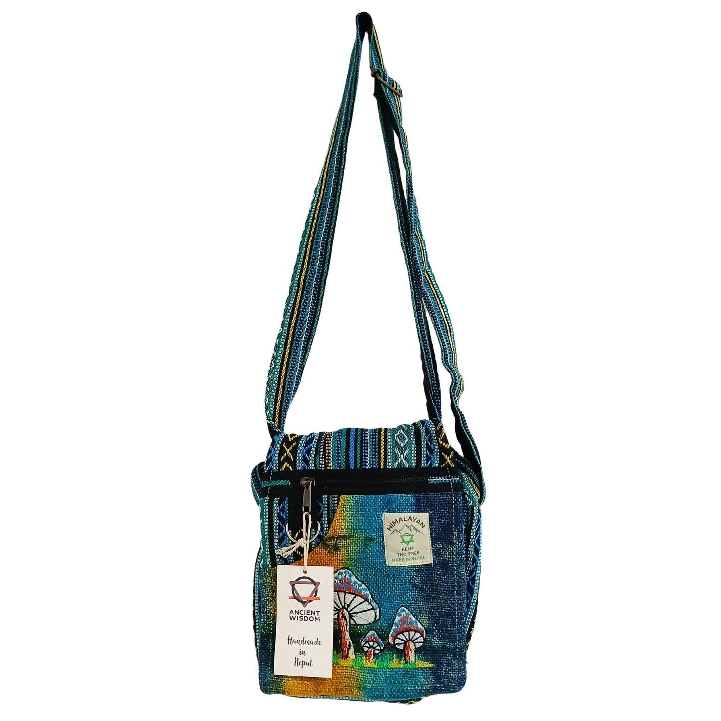 Hanf-Baumwolle Tasche mit Pilz-Stickerei – Handgefertigte Schultertasche aus Nepal