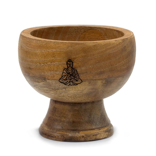 Handgeschnitzte Räucherschale mit Buddha-Relief aus Mangoholz | 11x10 cm
