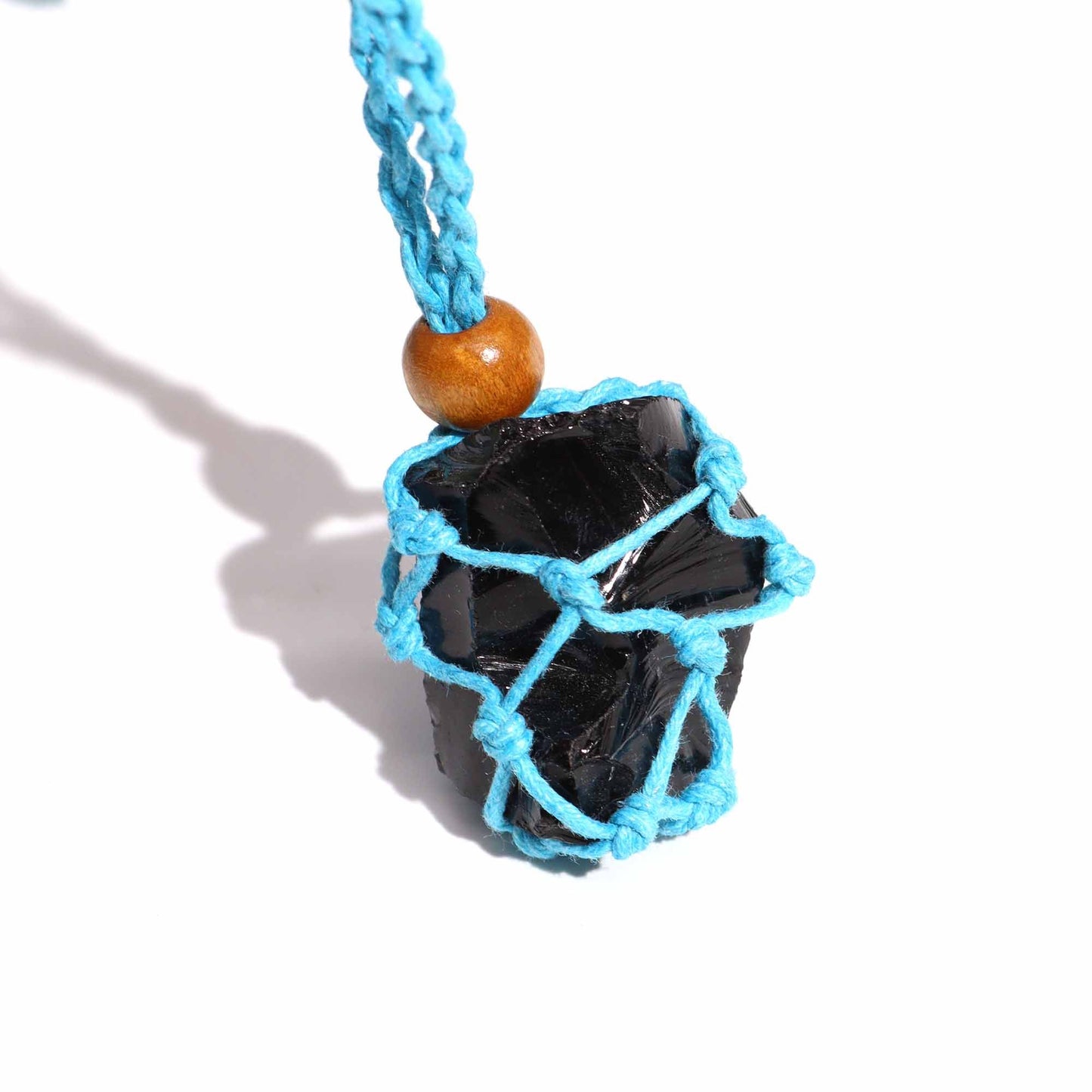 Makramee-Halsband aus blauer Wachsbaumwolle mit Holzperle – Verstellbar für Edelsteine