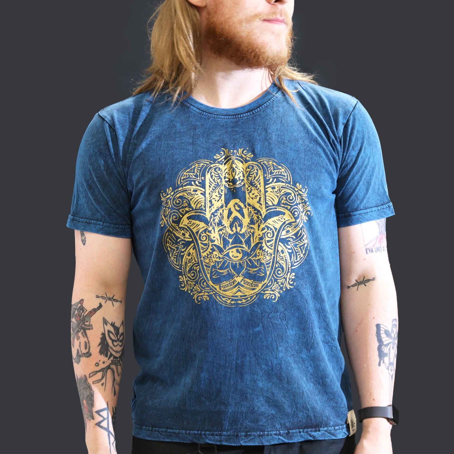 Hamsa T-Shirt in Vintage-Blau – Steingewaschen & Relaxed Fit