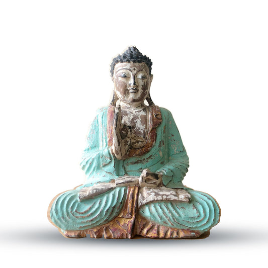 Buddha Statue aus Suar-Holz 30cm - Handgeschnitzt in Vintage Mint - Lehrender Buddha