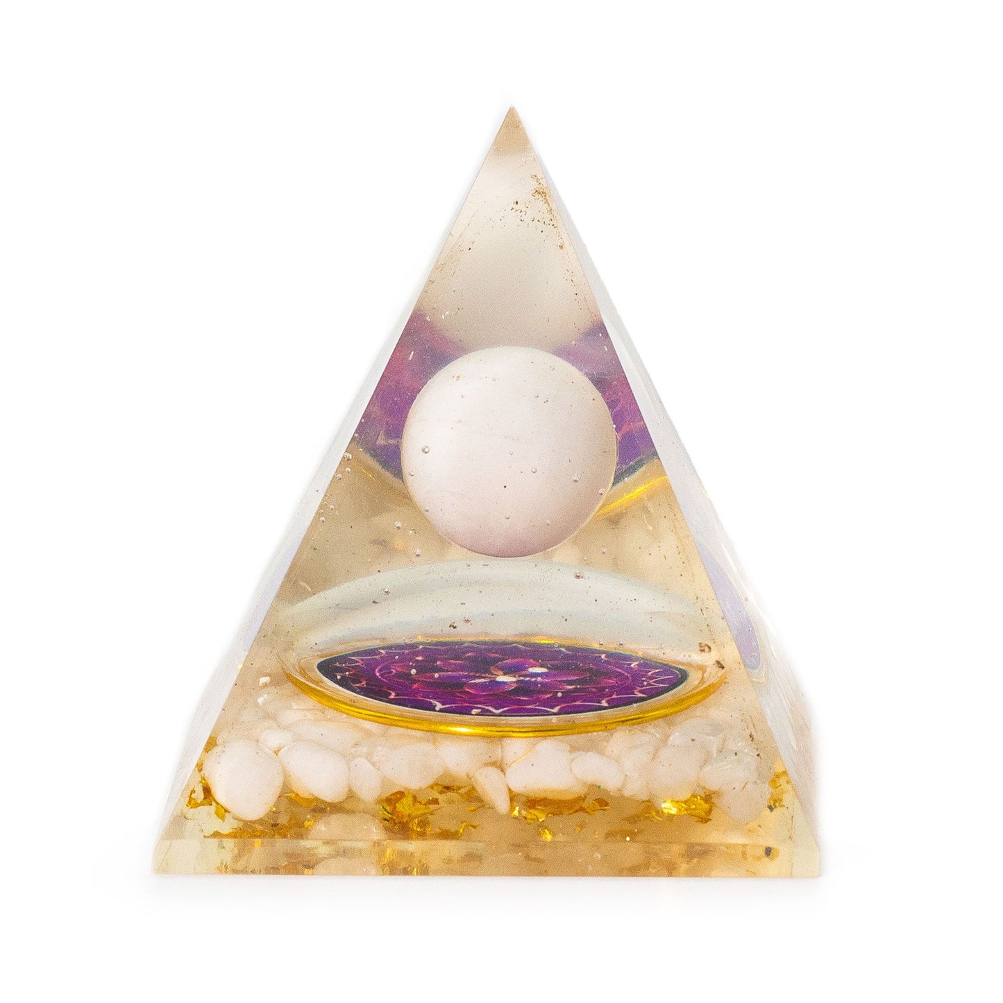 Orgonit-Pyramide mit schwebender Quarzkugel – Mandala-Design mit Goldflocken